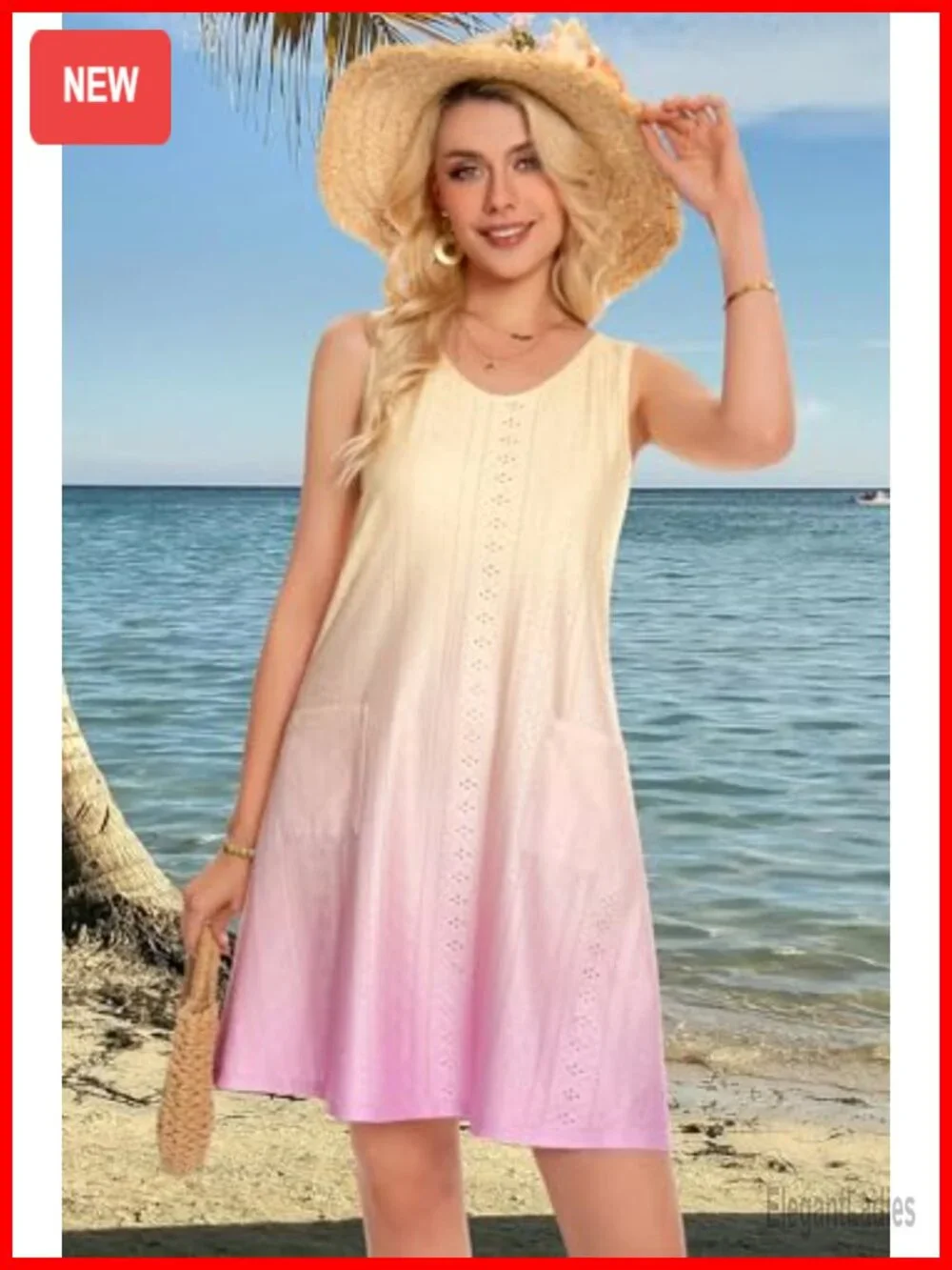 Eyelet Swim Coverup Sundress with Pockets Loose Fit V-Neck
